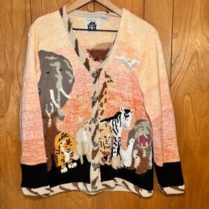 Storybook Knits Cardigan Sweater Women’s Small Noah’s Ark Animals Button Up VTG